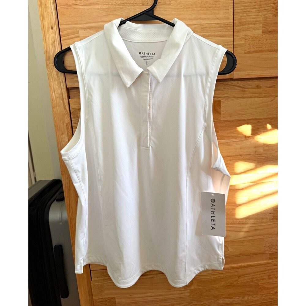 Athleta Women’s L White Advantage Sleeveless Collared Polo Quick Dry UPF